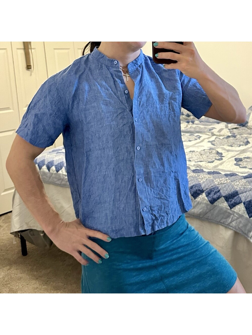 Eileen Fisher Organic Linen Mandarin Collar Shirt Women’s Size S Blue